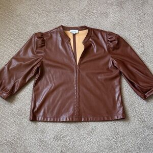 Evereve Brown Faux Leather Puff-Sleeve Top